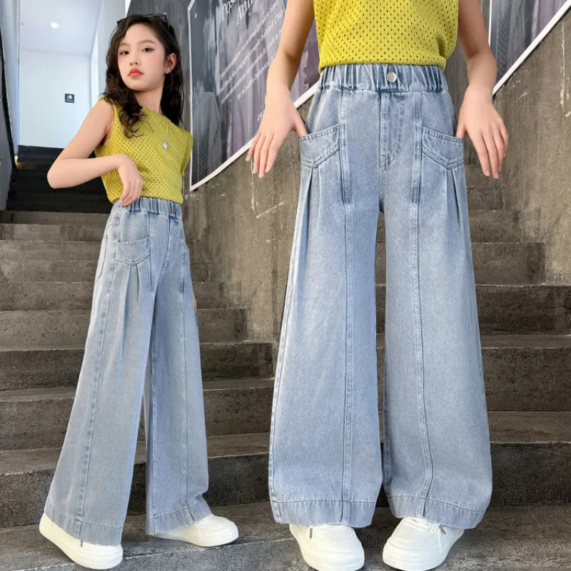 

Teenag Girls Jeans 2025 Spring/Autumn New Children Roll out Front pocket Wide Leg Pants Children's Loose Straight Pants Trousers