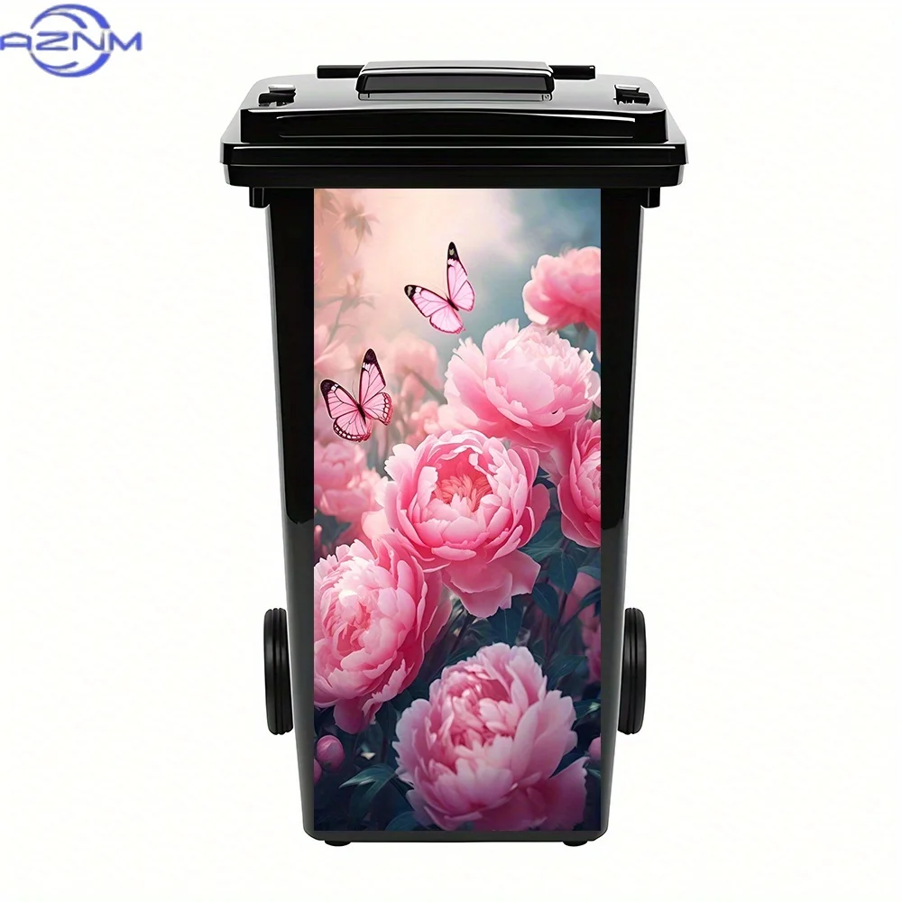 1pc Pink Peonies And Butterflies Trash Can Stickers - PVC Material, Self-Adhesive, Waterproof, And Easy to Remove. Ideal for T