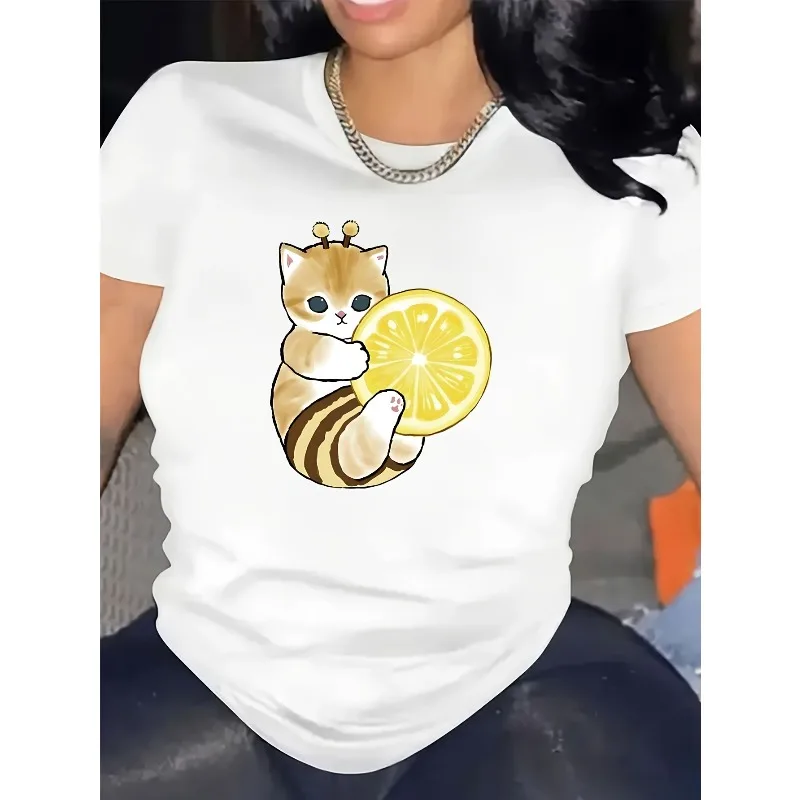 Lässiges Sport-T-Shirt mit Katzenmuster für Damen, Baumwolle, locker, kurzärmelig, Rundhalsausschnitt, bequem, lässig, Damen-Rundhalsausschnitt