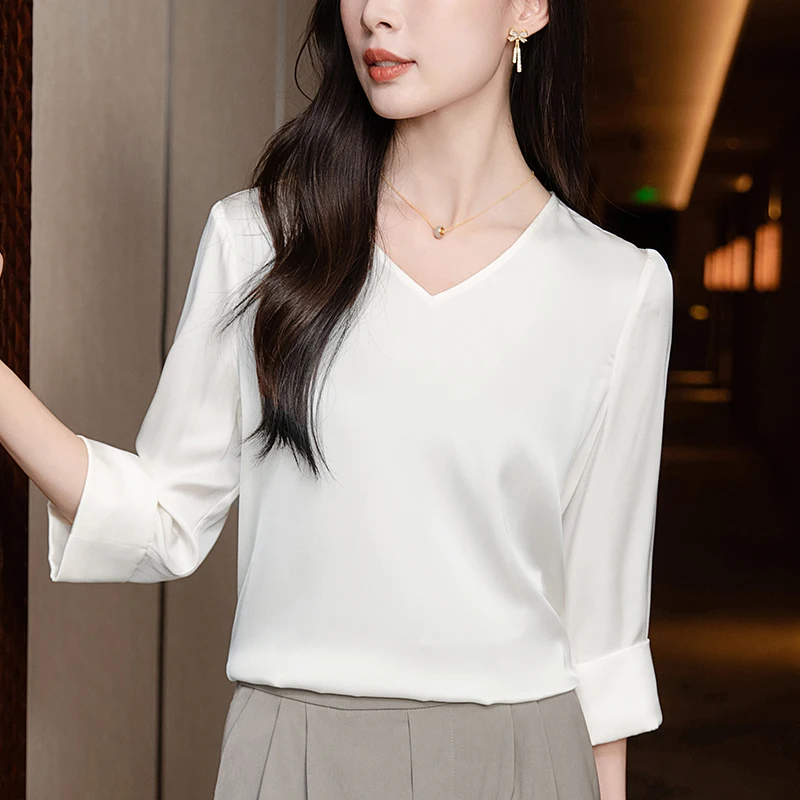 

New 19mm Real Silk Elegant Shirts Blouses for Women Summer V-neck Blouse Three Quarter Sleeve Women's Solid Shirt Loose Tops