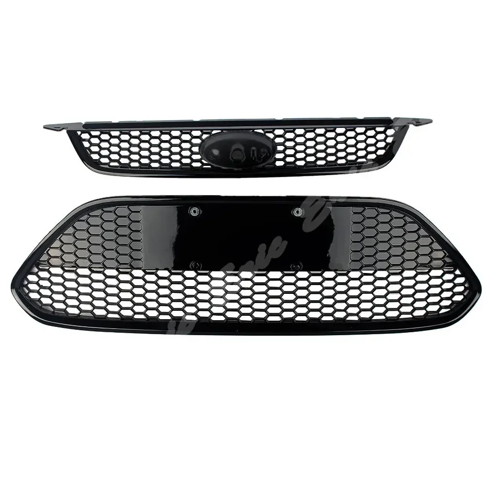 Front & Lower Grille Bumper Honeycomb Gill For Ford Focus 2009 2010 2011 2012 2013 2014 2015 Hatchback Sedan Glossy Black