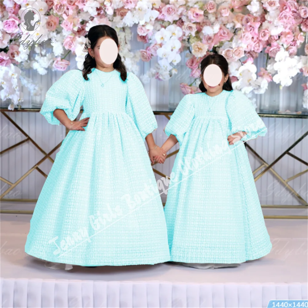 

New Beautiful Sky Blue Puffy Flower Girl Dress Lace For Half Sleeves Sisters Of The Bride Birthday Wedding Party Gowns