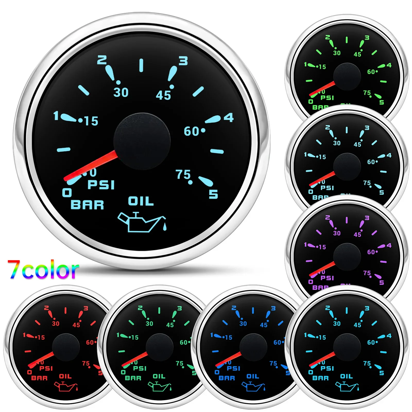 52mm 0~5Bar/0-75PSI 52MM Pointer Oil Press Meter Car Gauge Auto Car Gauge Oil Press Gauge 7 Color Adjustable for Car Boat 9-32V