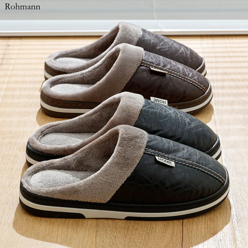 

Men's Big Size Winter Slippers Indoor PU Leather Waterproof Fluffy Casual Men Bedroom Comfy Shoes