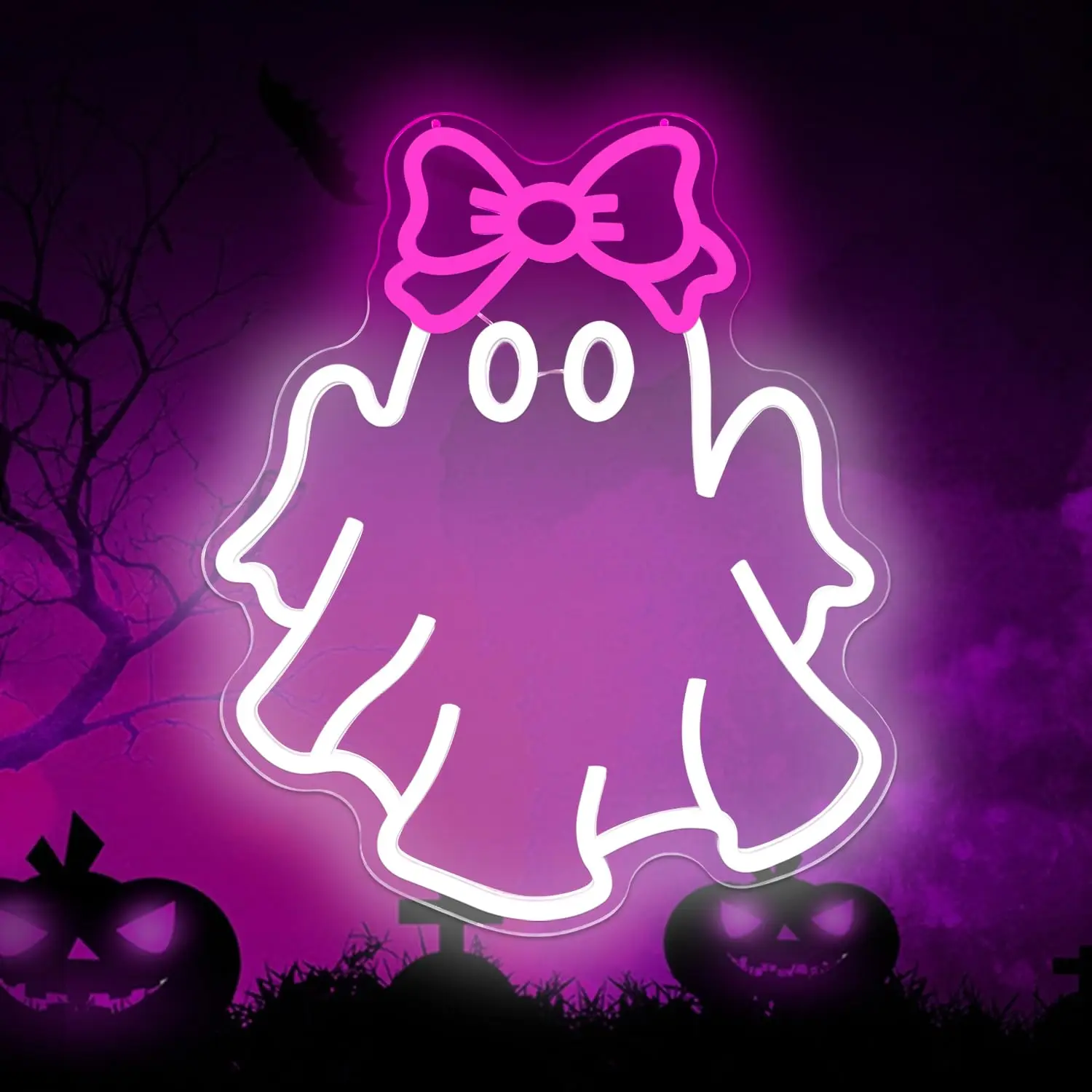 

Pink Bow Ghost Lights Children's Bedroom sigh Neon Halloween Decor Stay Spooky Wall Decor for Game Room Man Cave Party