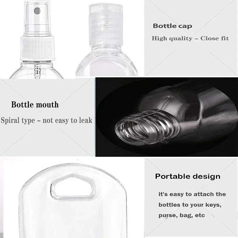 Mini botellas recargables de plástico para viaje, 5 piezas, 30/50/60ml, con tapas abatibles y pulverizadoras, contenedores transparentes a prueba de fugas