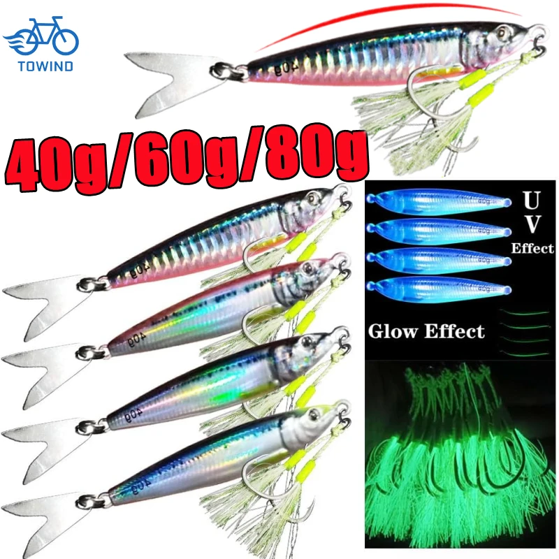 

3D Printed Fast Sinking Metal Jig Lure UV Glow 40g 60g 80g Saltwater Shore Casting Fishing Lure Vertical Metal Jig with Hooks