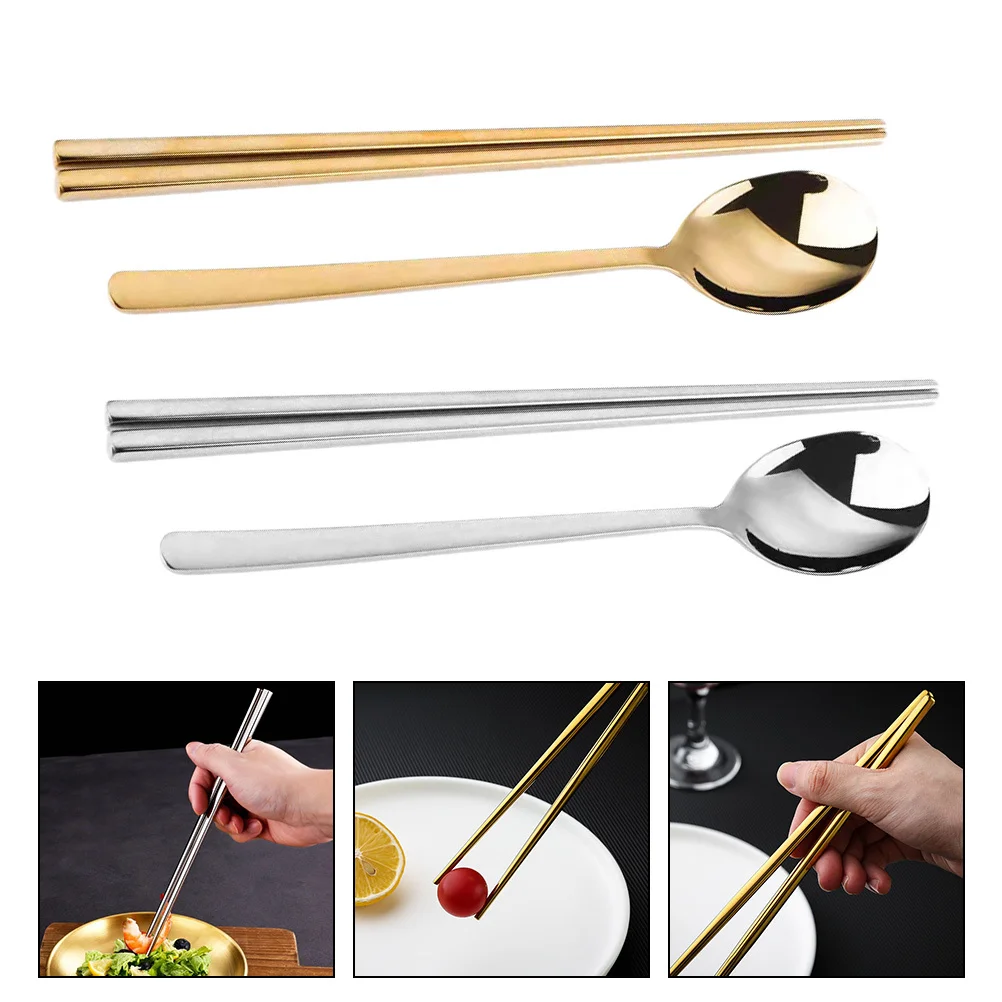 Juego de 2 palillos de acero inoxidable, juego de cucharas con mango largo, aislamiento térmico hueco, bordes lisos, vajilla coreana para Sushi Ramen