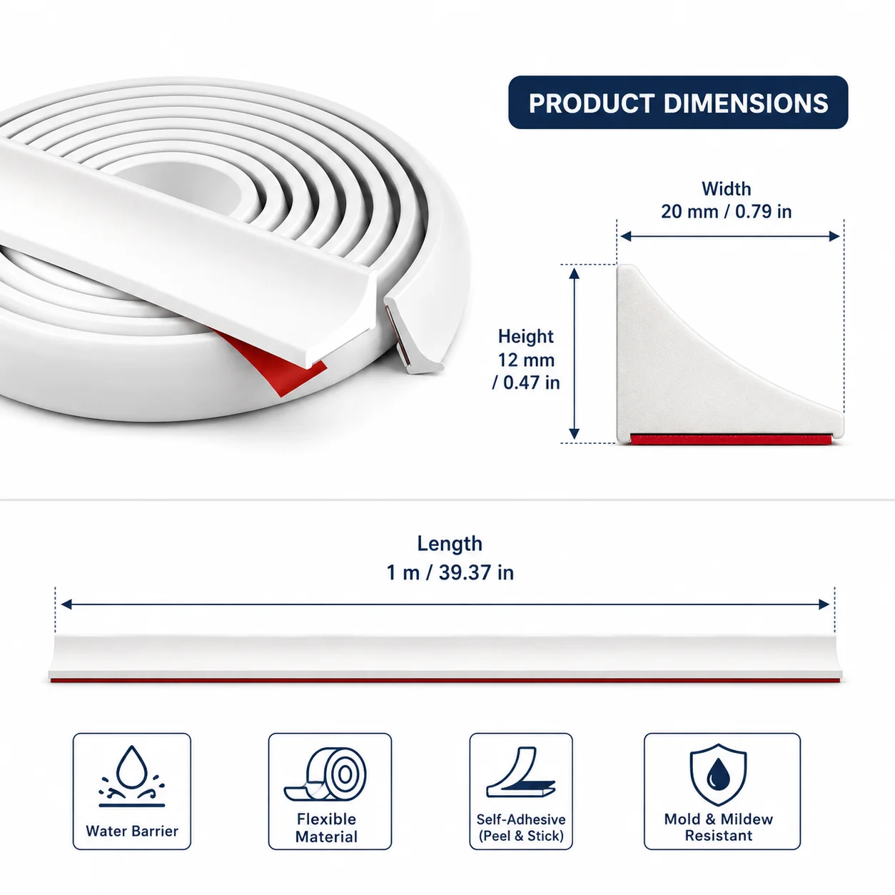 For Kitchen Sink Edge Water Block Strip 2cm x 1.2cm x 1m Flexible Countertop Waterproofing Trim for Bathroom Vanities