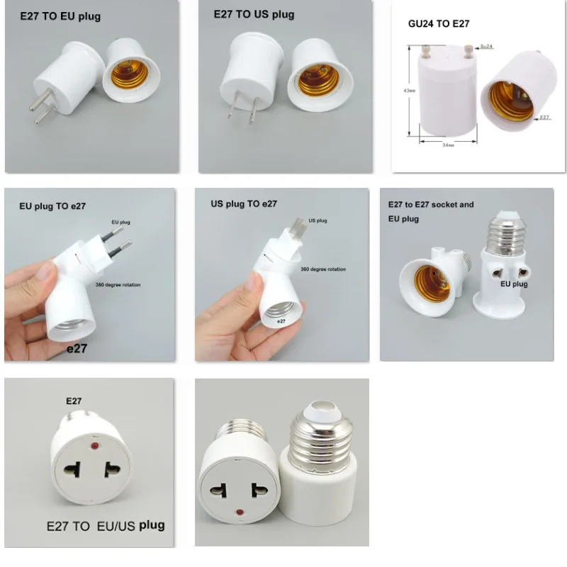 AC E27 GU24 EU US to E27 EU US type Converter Plug LED light Bulb Base Power Socket Holder lamp Adapter ON OFF Button Switch q1