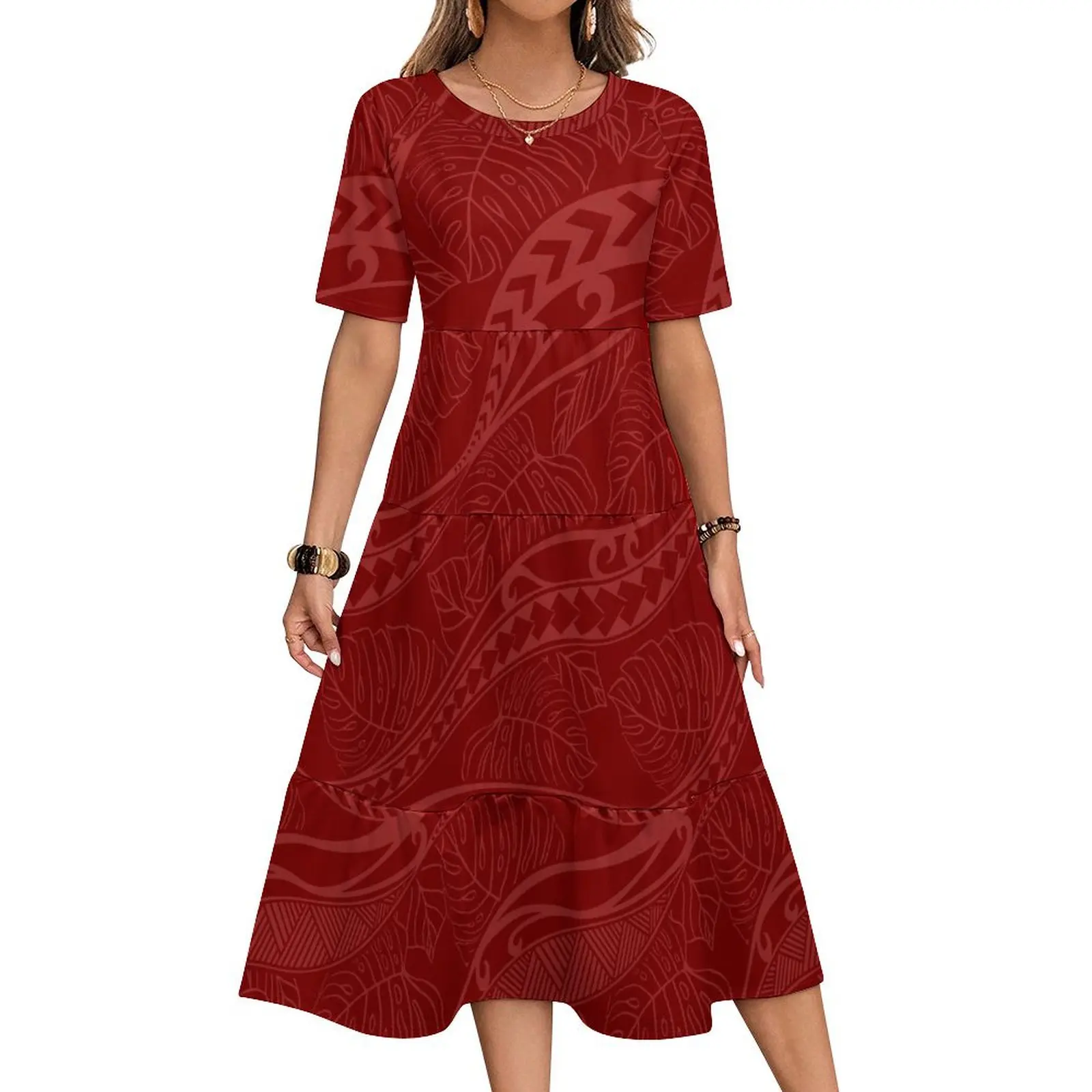 Novo atacado personalizado tonga design tribal polinésia multi em camadas vestido de manga curta maxi vestido casual plus size roupas femininas