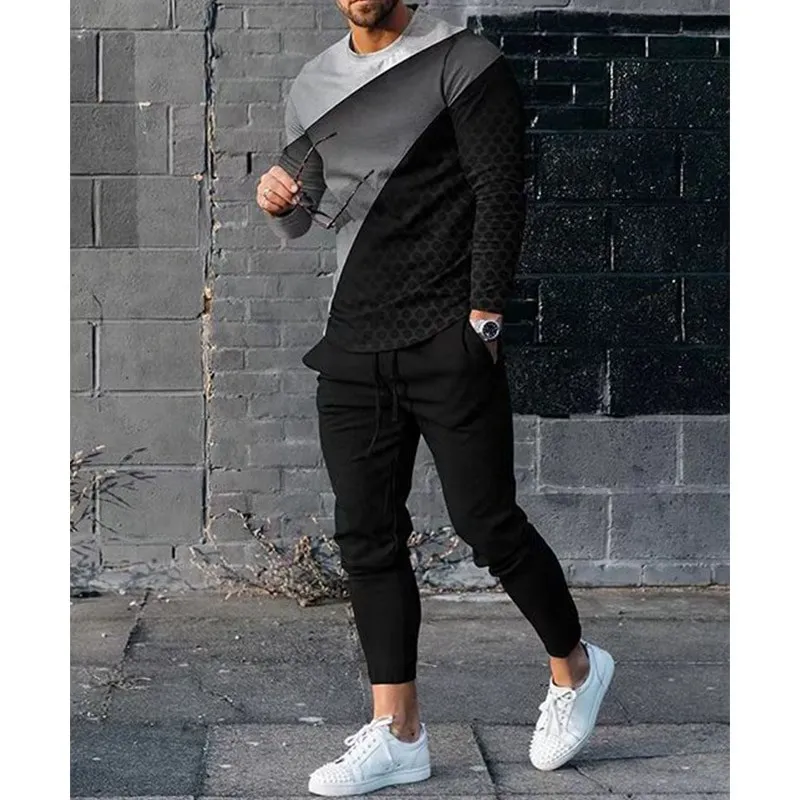 Autumn Splicing Color 3D Print Men\'s Sportswear Set Long-Sleeved T Shirt Pants 2-Piece Set Oversized Pullover Men Clothing