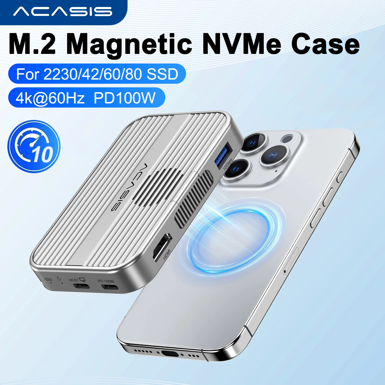 Acasis Magnetic M.2 Nvme Ssd Enclosure 10gbps Usb C Docking Station With Cooling Fan 4k60hz Sd/tf Pd 100w For 16 15
