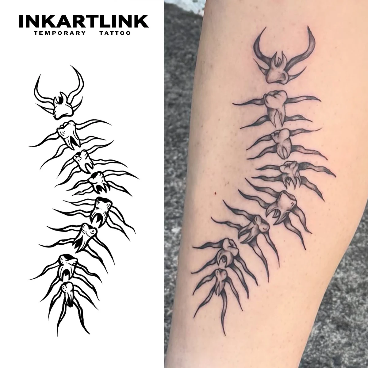 

INKARTLINK Creative Tooth Centipede Combination Tattoo Stickers Waterproof Temporary Tattoo Color Holding for 1-2 Weeks