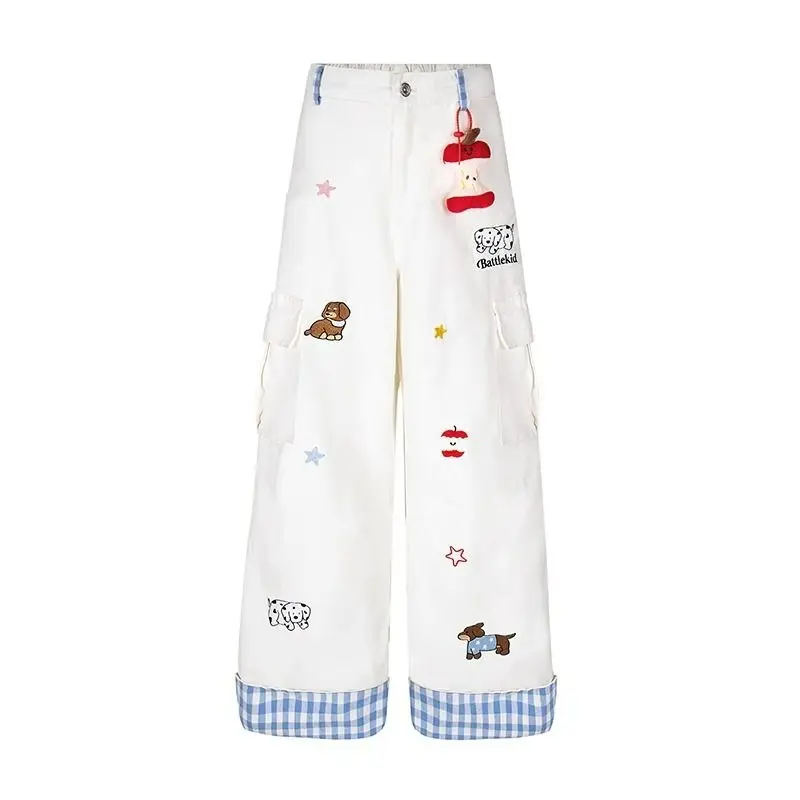 Y2K Puppy Jeans High Waist Checkered Patchwork Work Pants American Retro Loose Fit Straight Leg Wide Leg