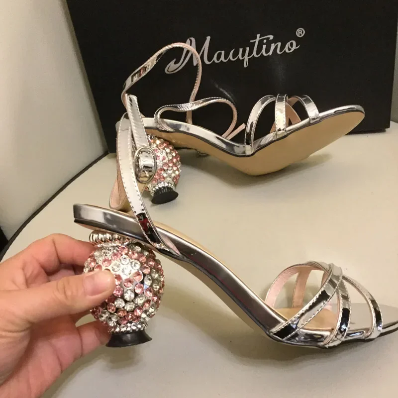 

Crystal Bling Bling Round Heel Women Sandals Ankle Cross Strap Open Toe Summer 8Cm High Heels 2025 New Fashion Shiny Sandals