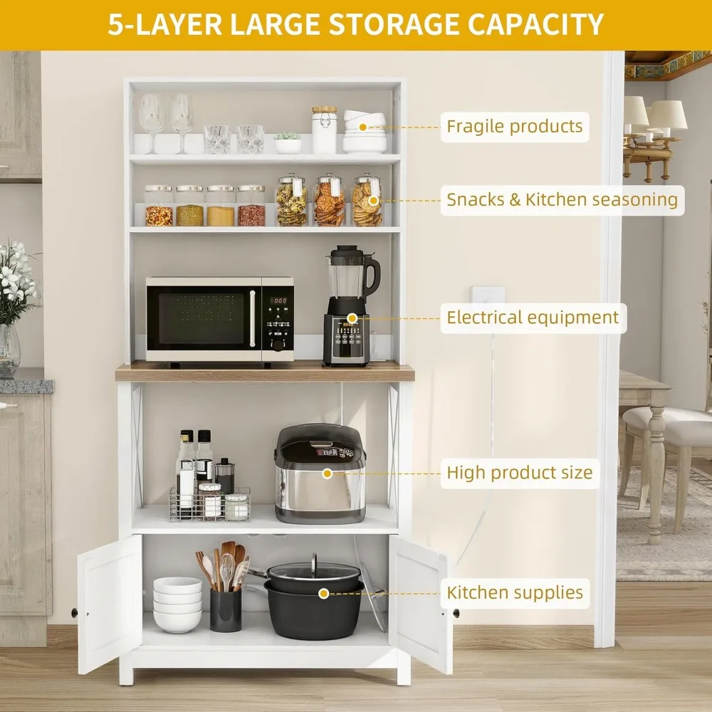 White Baker Rack with Power Outlet and Storage, Farmhouse Microwave Stand with Door for Kitchen, 5-Tiers Tall Coffee Bar Statio