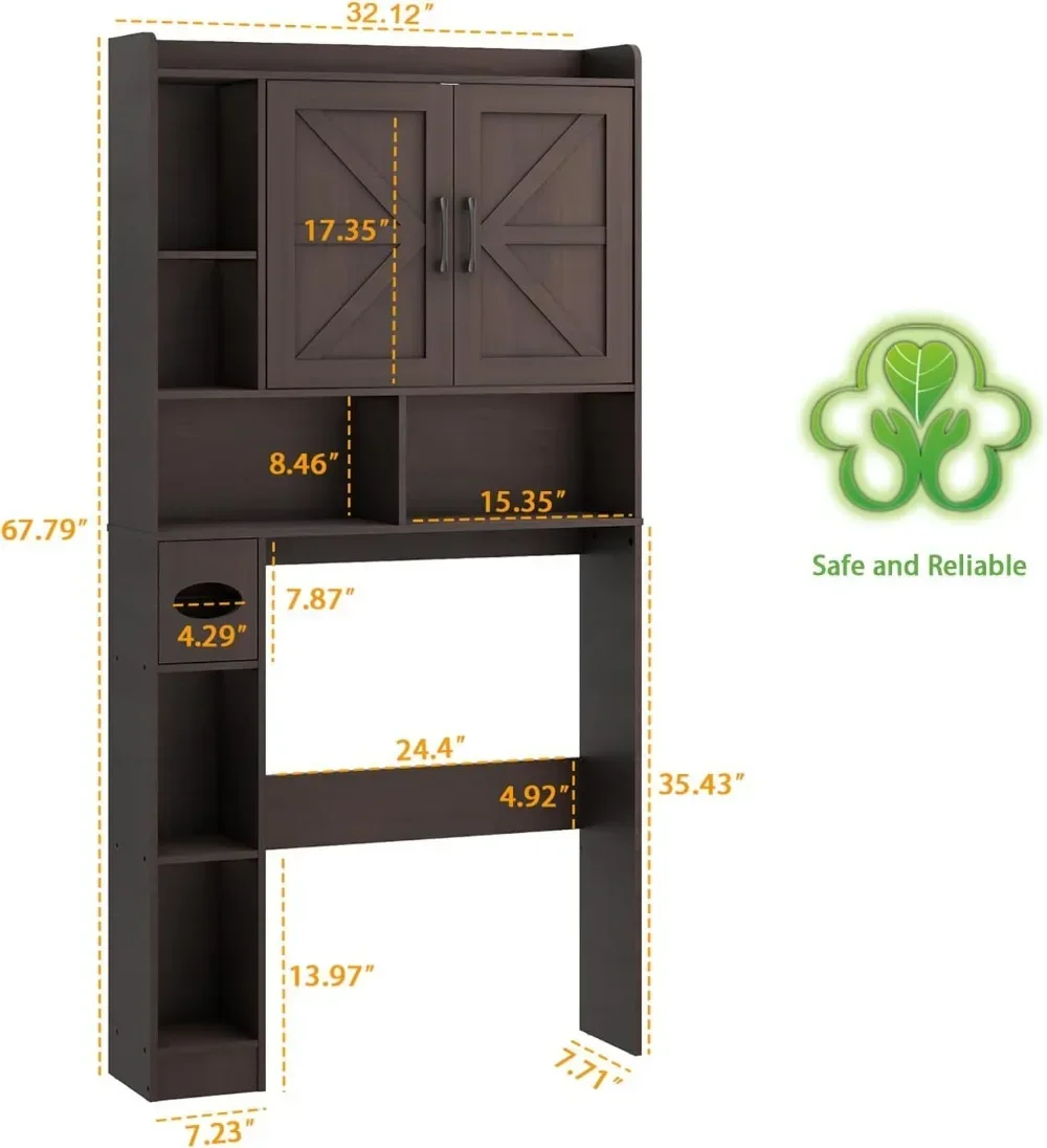 

Хит продаж: Навесной шкаф для хранения над унитазом в стиле фермерского дома с дверцами-амбарными воротами, регулируемыми полками и держателем для бумаги – экономия пространства для ванной комнаты