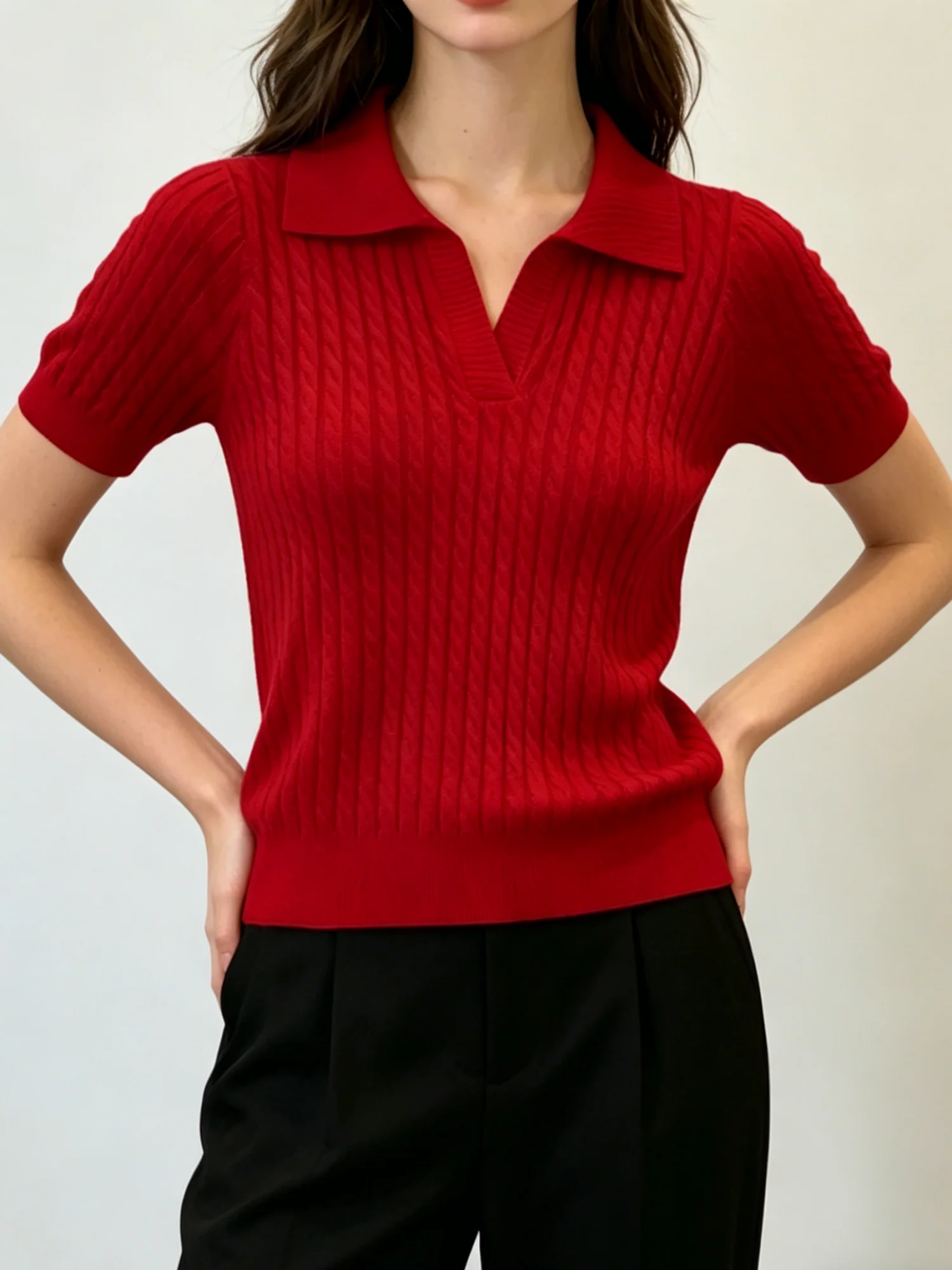 Women's spring and summer collar knitted short sleeved T-shirt, comfortable and casual solid color women's clothing