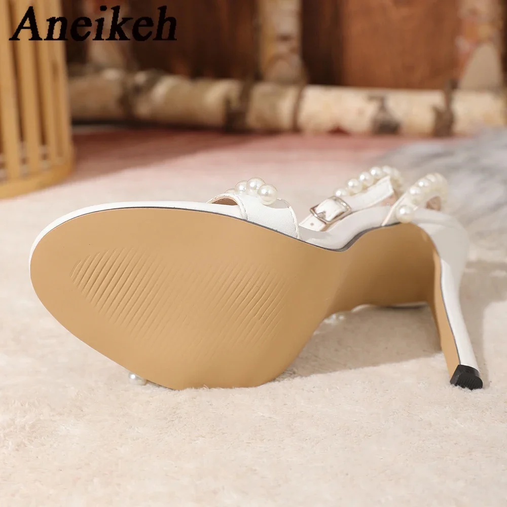 Aneikeh-Talons hauts à tête ronde pour femmes, décoration de nœud, sandales de fête, blanc, perlé, mode estivale, 2024