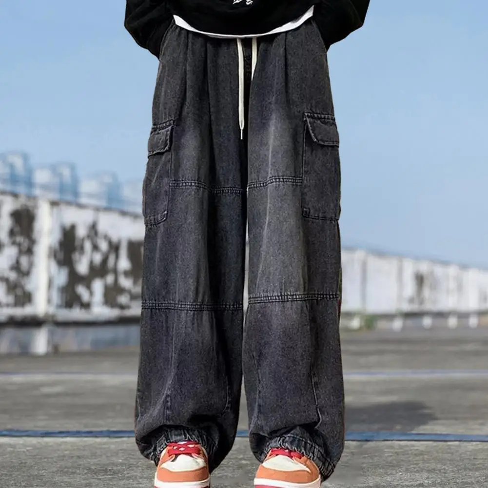 Oversized Cargo Pants with Multiple Pockets Elastic Waist Drawstring Solid Color Baggy Denim Pants Wide Leg Trousers