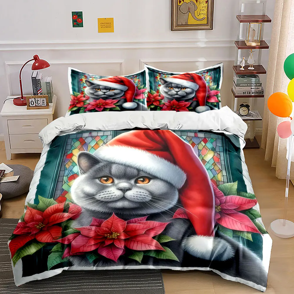 Cat in Santa Hat with Poinsettias Print Duvet Cover Bedding Set Included 1*Duvet Cover 2*Pillowcases Luxury gifts