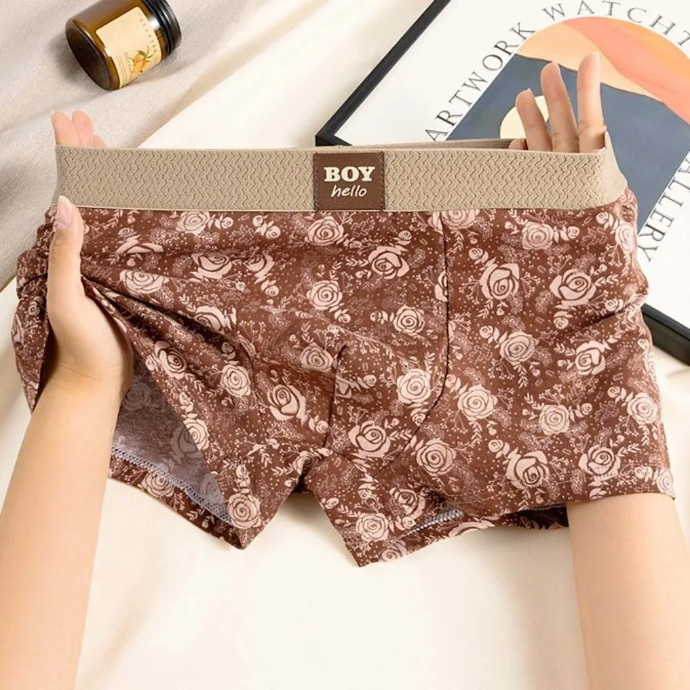 

L-3XL Plus Size Men's Boxer Briefs Retro Rose Flower Mid Waist Printed Panties Seamless Lingerie Underwear for Man Men