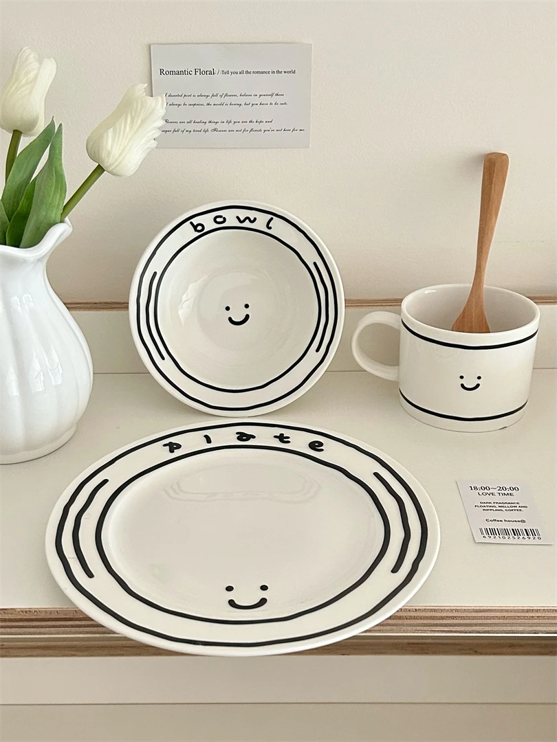 Simple Graffiti Ceramic Smiley Bowls Household Cute Rice Bowl Mug Plates High Quality Restaurant Tablewares