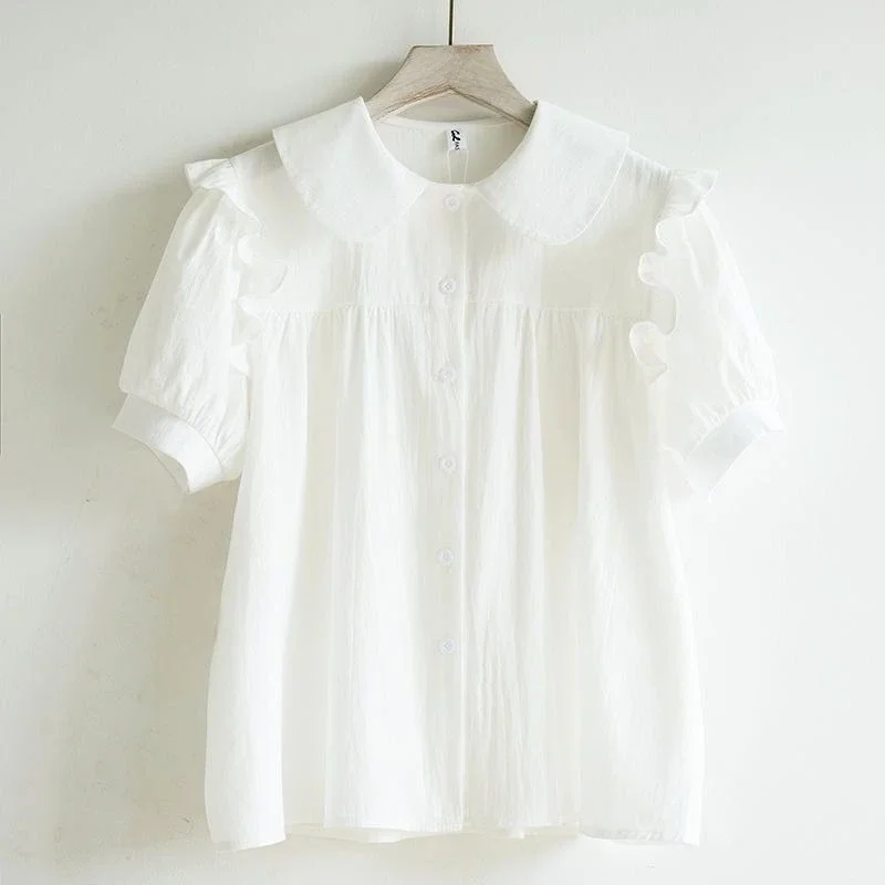 Girls' 2026 Summer Shirt Big Kids Doll Collar Pure Cotton Short Sleeve Blouse Solid Color Casual Top for School Daily Wear​