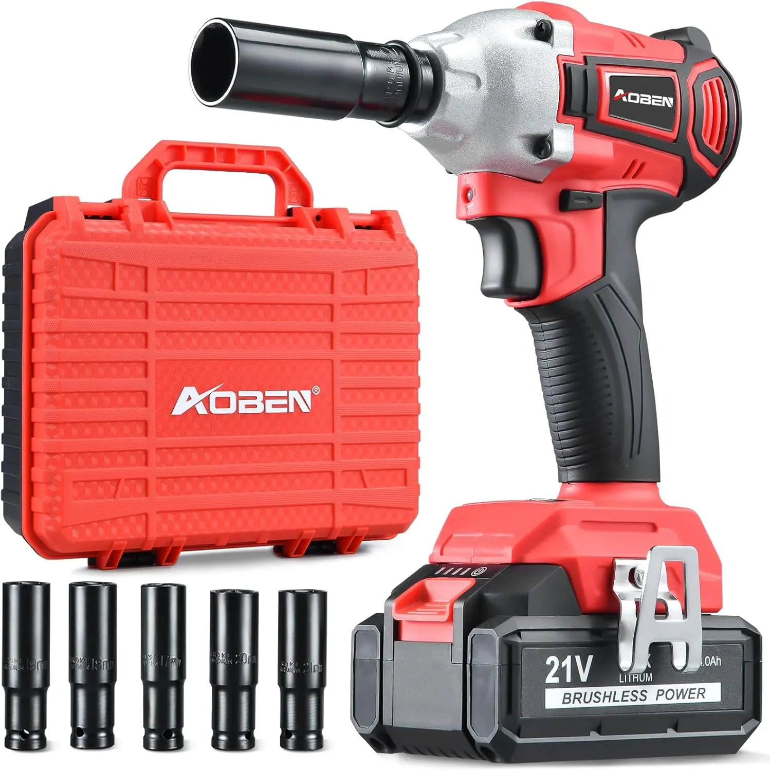 Cordless Impact Wrench 1/2 inch,21V 300N.m Brushless Impact Gun with 4.0Ah Battery, Charger & 6 Sockets,Electric Impact Wrench f