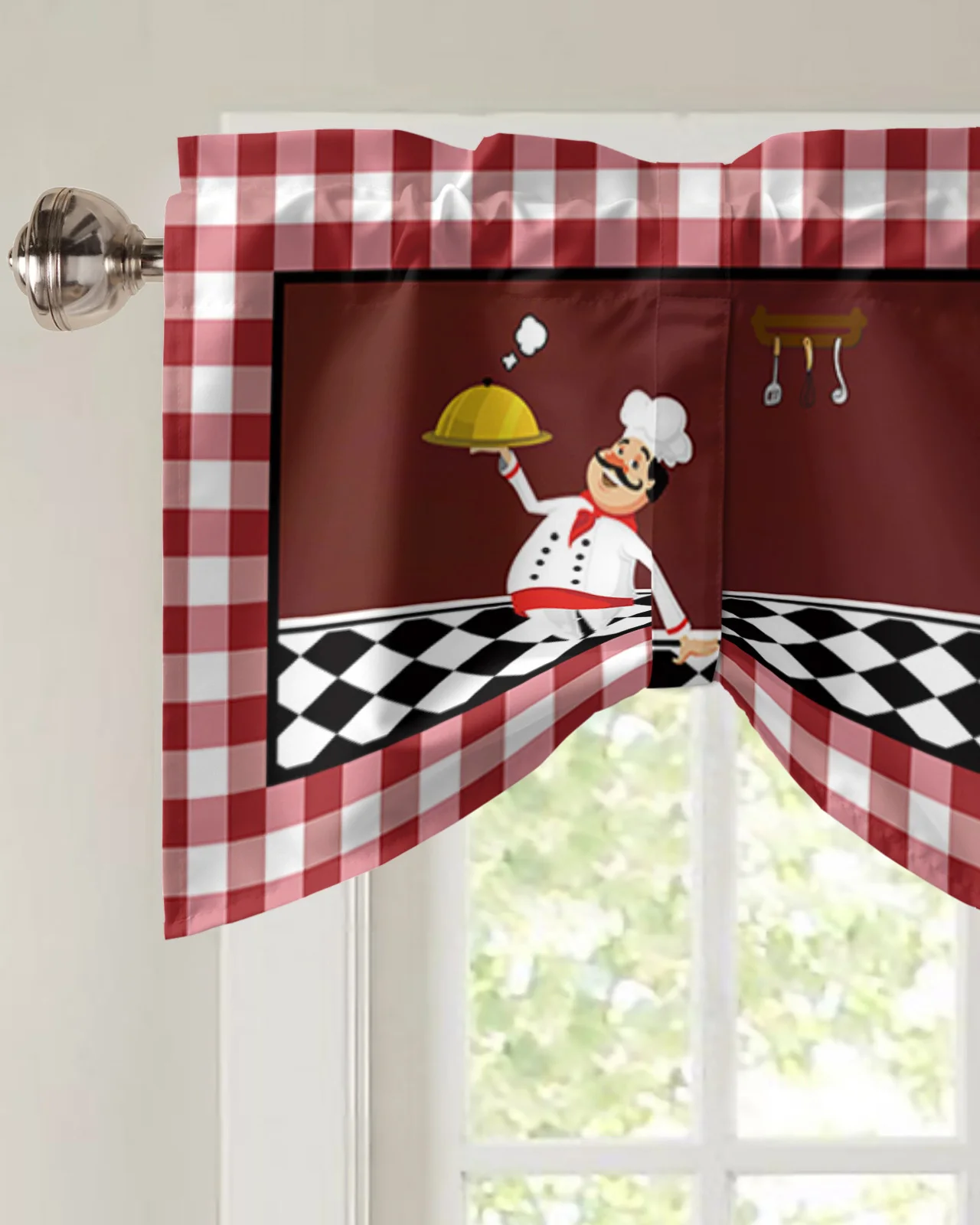 Red Plaid Chef Knife And Fork Window Valance Curtain Kitchen Cafe Short Curtains Living Room Tie-Up Valance Curtain