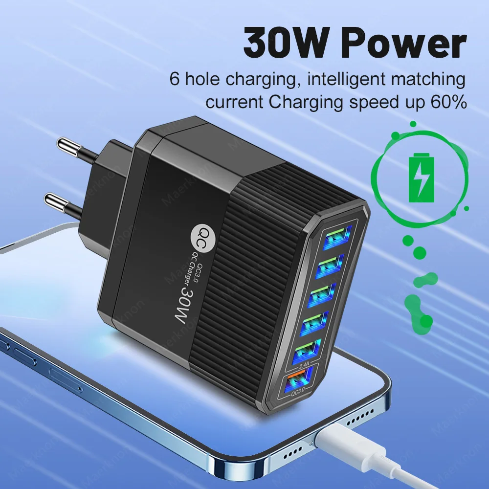 30W USB Charger 6Ports Quick Charge 3.0 Phone Charger For iPhone Samsung Xiaomi POCO Fast Charging EU/US/UK/KR Plug Wall Adapter