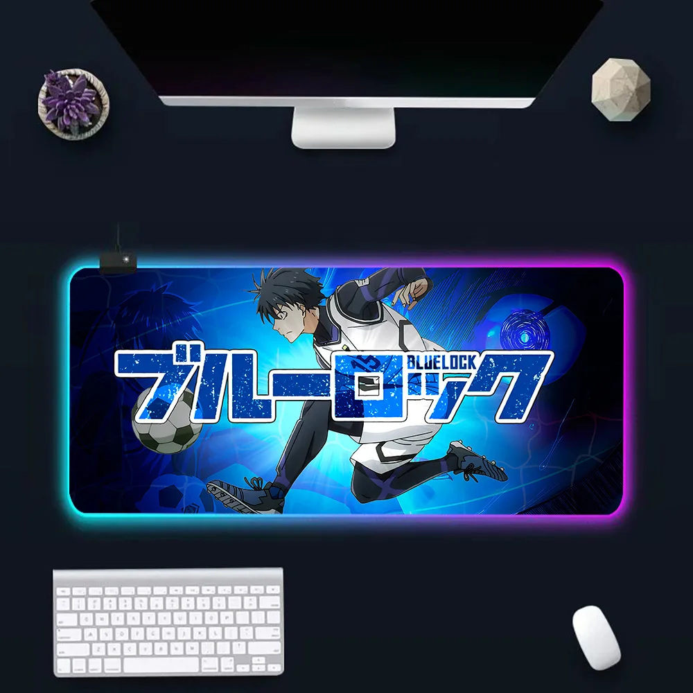 Anime Blue Lock RGB Pc Gamer Keyboard Mouse Pad Mousepad LED Glowing Mouse Mats Rubber Gaming Computer Mausepad