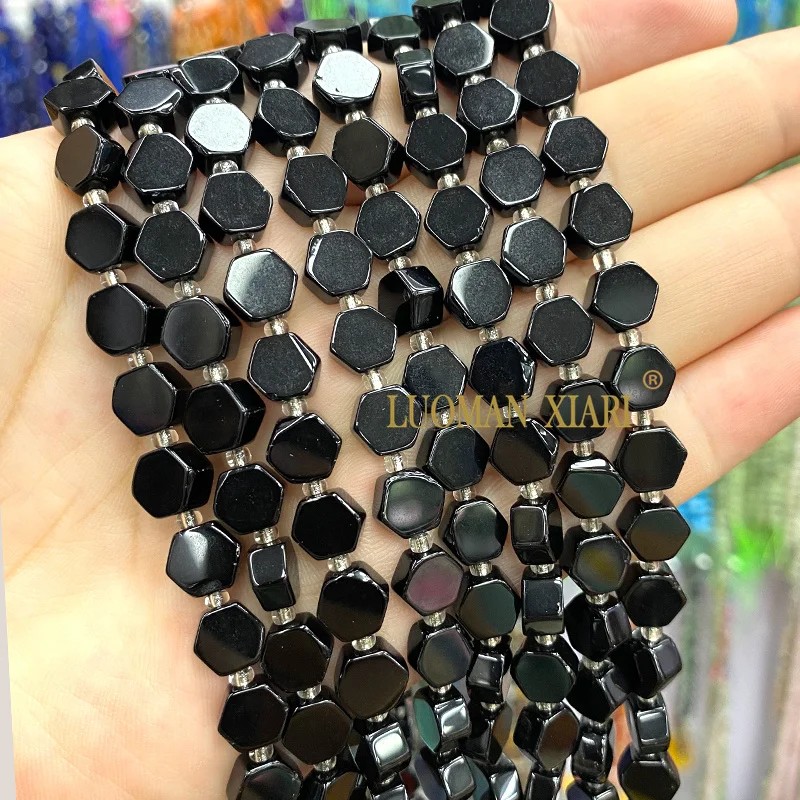 8-9mm Flat Hexagon Natural Stone Black Obsidian Loose Spacer Beads for Jewelry Making Diy Earrings Bracelet Charms Accessories