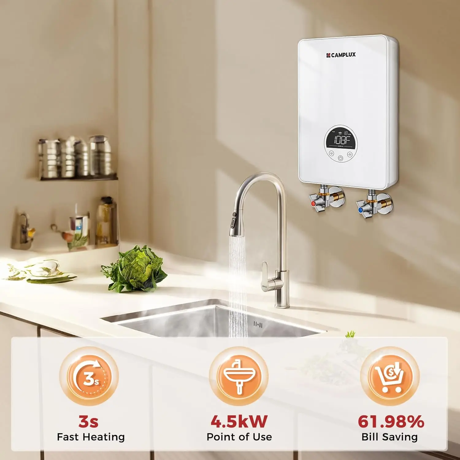 Tankless Water Heater Electric 4.5kW 110~120V Small Instant Hot Water Heater, Point-of-Use, Save Space for Sink Wall Mounted LED