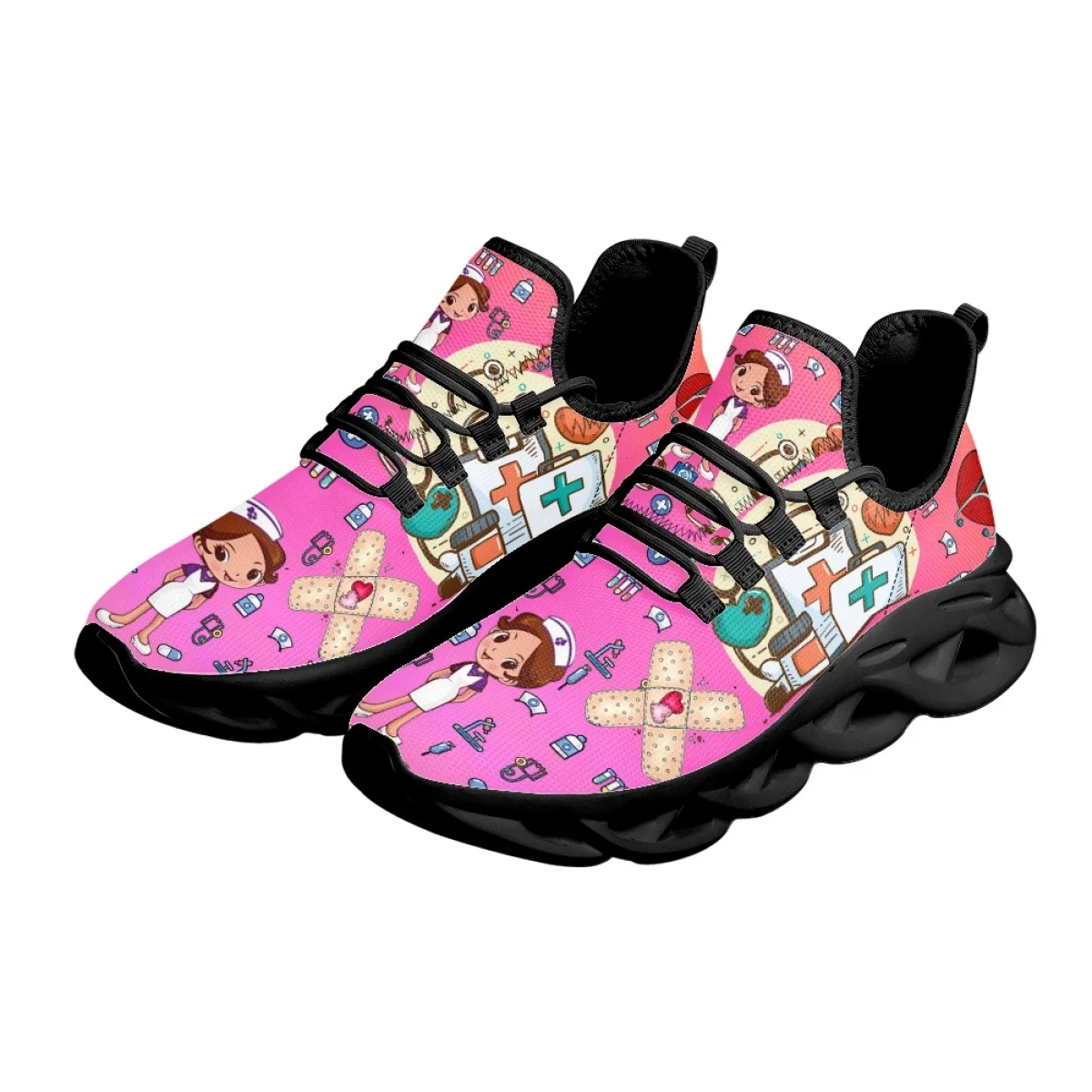 INSTANTARTS 2023 Women Sneakers Gradient Pink Nursing Shoe Cute Cartoon Nurse Doctor Medical Print Light Lace-up Platform Tennis