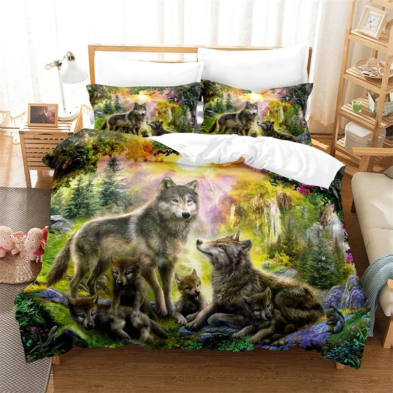 3D Wild Animal Duvet Cover Moon And Wolf Bedding Set Microfiber Galaxy Comforter Cover King Full For Kids Teens Boys Room Decor