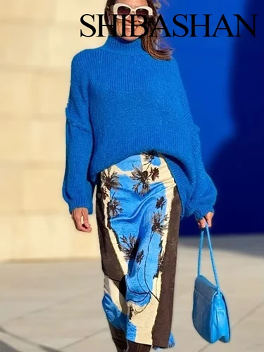 Imagen 2 del producto HH mujer novedad de verano moda Retro versátil vacaciones impreso Midi Falda larga cremallera cintura alta ventilación espalda una línea faldas rectas