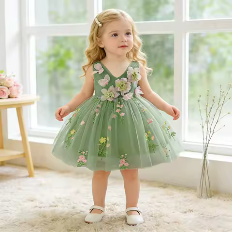 Toddler Bridesmaid Flower Party Baby Girls Dress Toddler Lace 1st Birthday Princess Dress Girl Wedding Baptism Evening Prom Gown
