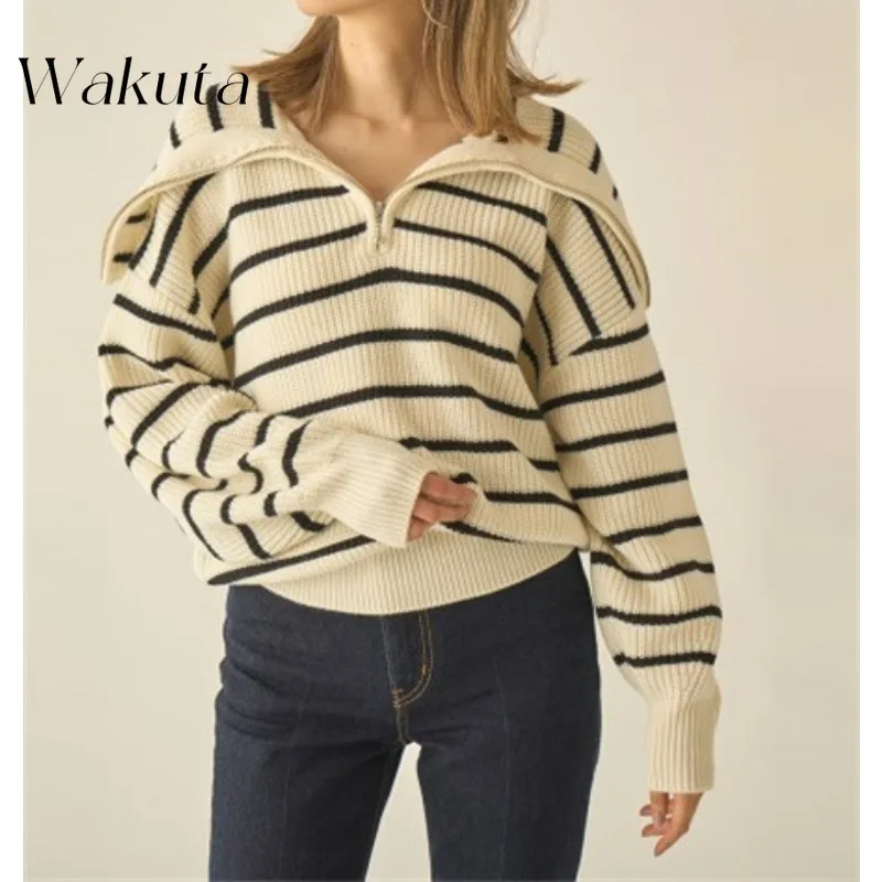 WAKUTA 2024 Retro Japanese Large Lapel Zipper Pullovers Fall and Winter Striped Wool Sweaters Casual Slim Sweater Кофта Женская