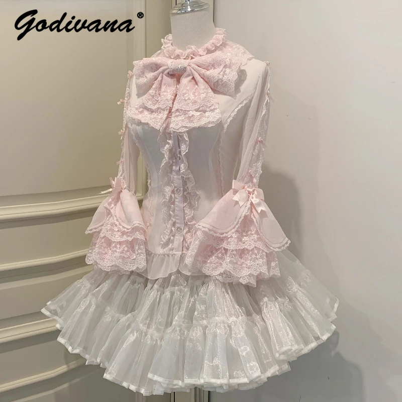 Originele Nieuwe Zomer Vrouwelijke Meisjes Zoete Kant Boog Chiffon Halve mouwen Lolita Innerlijke Shirt vrouwen Flare Mouw Blouse tops