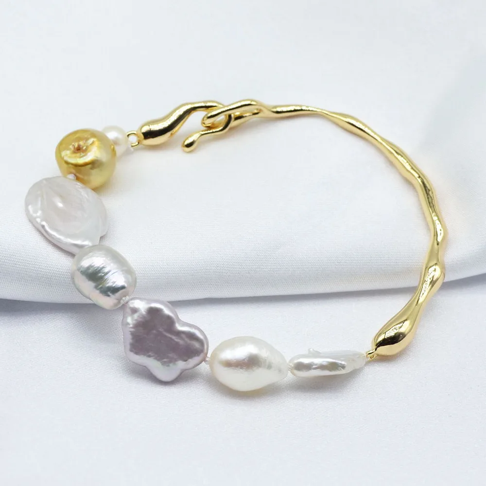 

Natural Baroque Pearl Bracelet Irregular Shape Rainbow Colors Women's Bracelet Fashion Style Gold Silver Jewelry