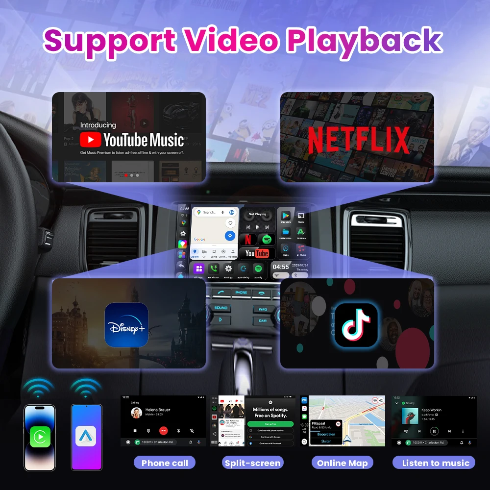 محول Android 15 CarPlay AI Box اللاسلكي Android Auto Carplay SM6350 4G Netword 8GB + 128GB لسيارة Netflix YouTube الذكية