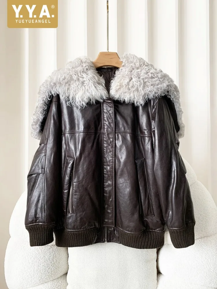 Winter Women Genuine Leather Down Coat Luxury Lambswool Collar Loose Fit Casual Jacket Thicken Warm Vintage Sheepskin Outerwear