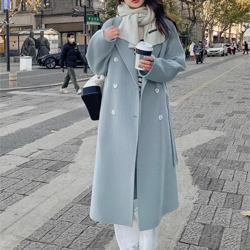 Blue double-sided cashmere overcoat new Korean version of loose mid-length lace-up woolen coat