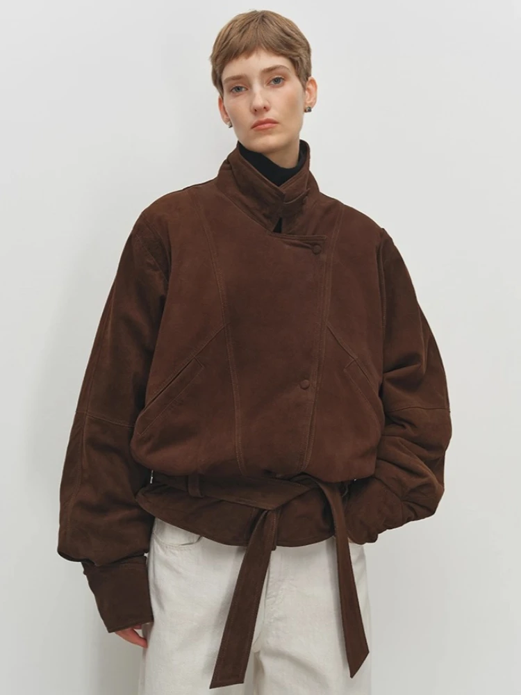 سترات كلاسيكية من جلد الغزال الطبيعي للنساء لخريف وشتاء 2025 معطف مبطن بسيط فضفاض من جلد الغنم الحقيقي مع حزام #2