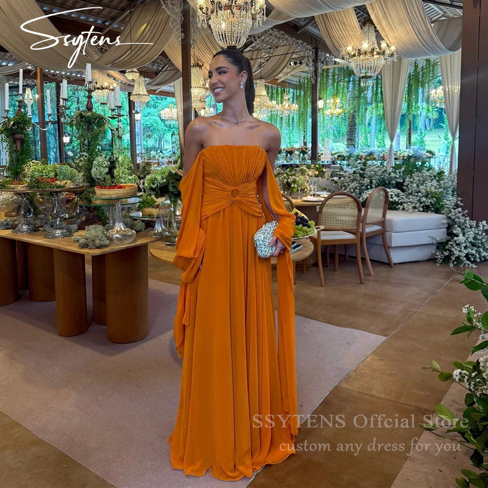 

SSYTENS Elegant Orange Evening Dresses Off The Shoulder Customized Pleats Wedding Party Gowns Chiffon Beach Prom Dresses 2025
