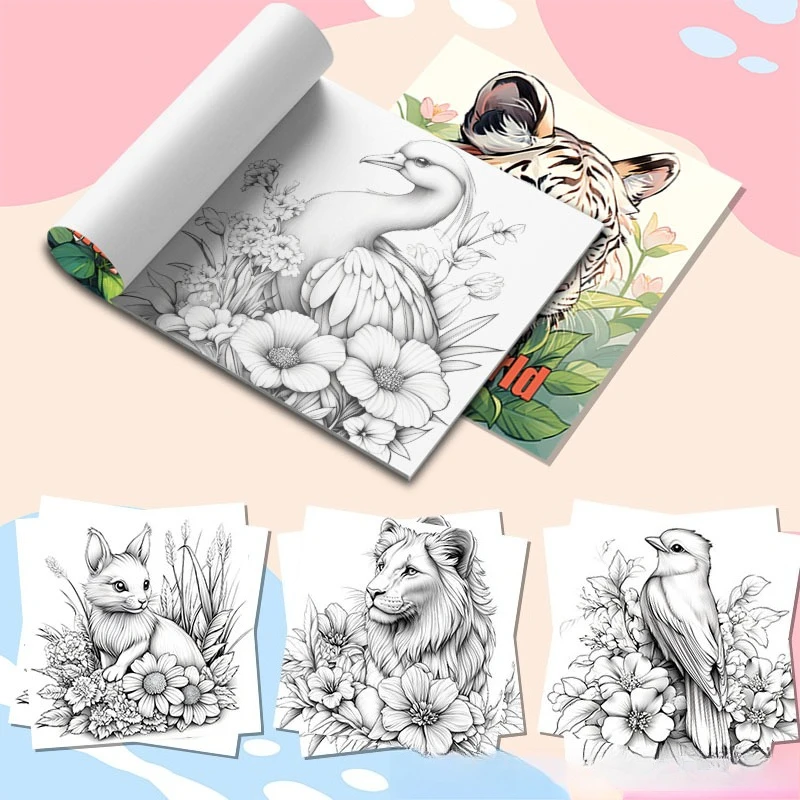 Cute Wildlife Animal World Coloring Book Elegant White Tiger Tropical Floral Jungle Plant Nature Sketch Notebook
