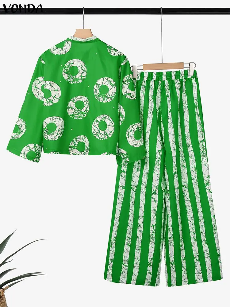 VONDA Plus Size Pant Set Donna 2 pezzi Abiti Autunno Manica 3/4 Moda Bohemian Camicie Pantaloni a gamba larga Stampa vintage 2 pezzi 5XL