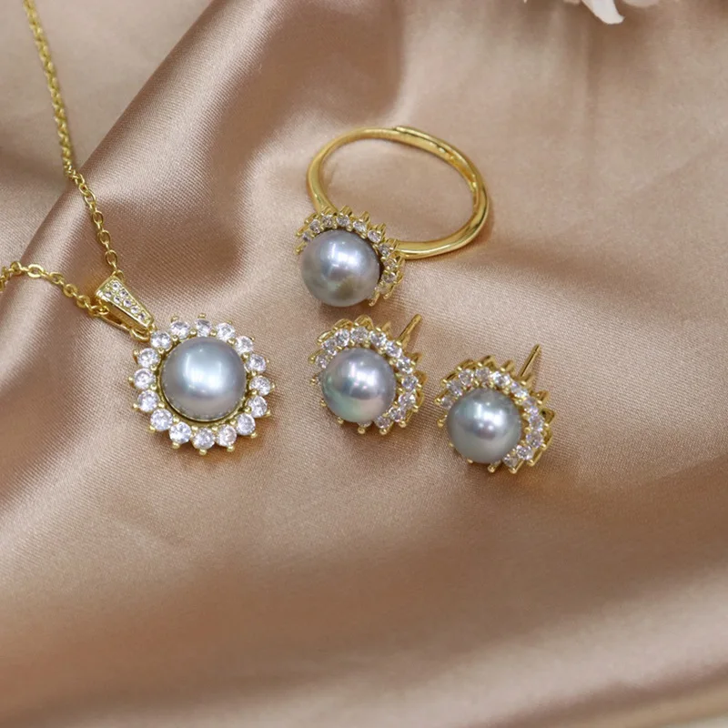 one set freshwater pearl white 8-9mm pendant /earrings/Ring gray/pink/black/yellow/purple